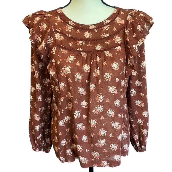 Madewell Ladder Trim Ruffle Front Homestead Brown Women's Blouse Small - Picture 1 of 8